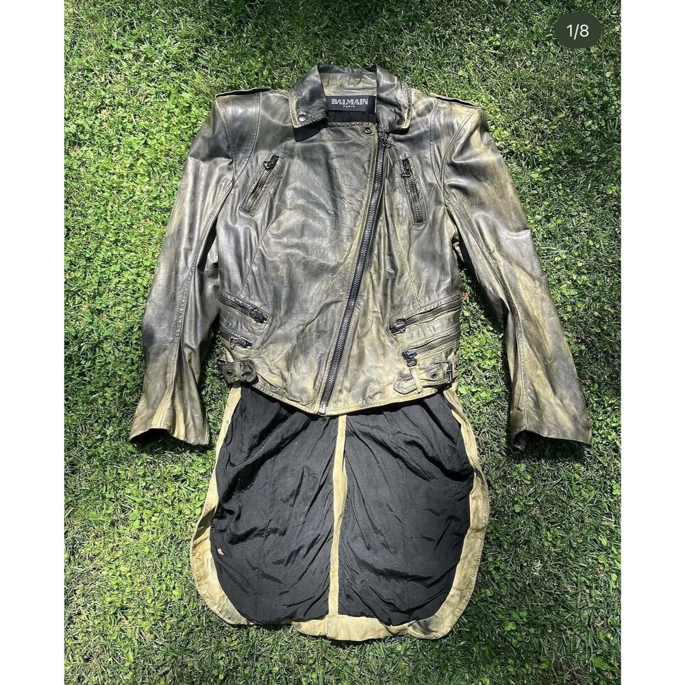 Balmain Distressed Leather Moto Jacket With Tails Size 40 Dark Khaki Grey